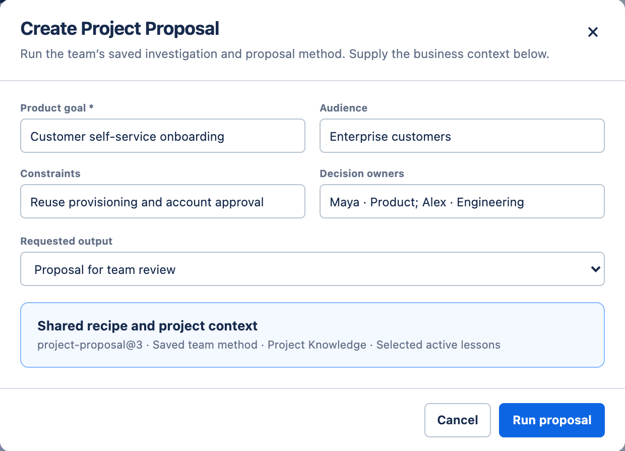 Project-proposal input form and reviewable invited-pilot proposal